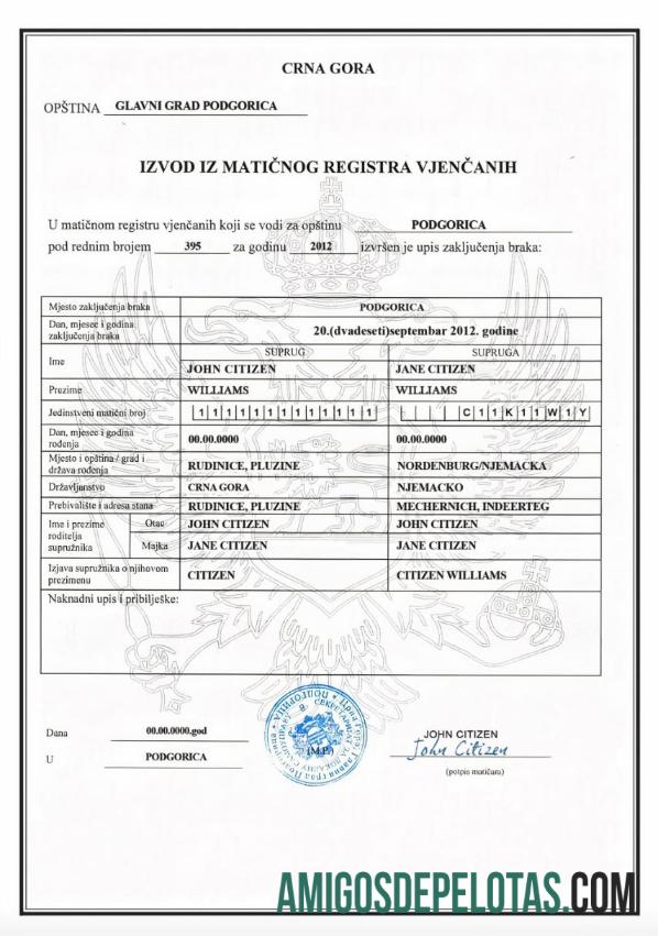 Certidão de Casamento de MONTENEGRO (Crna Gora) amostra